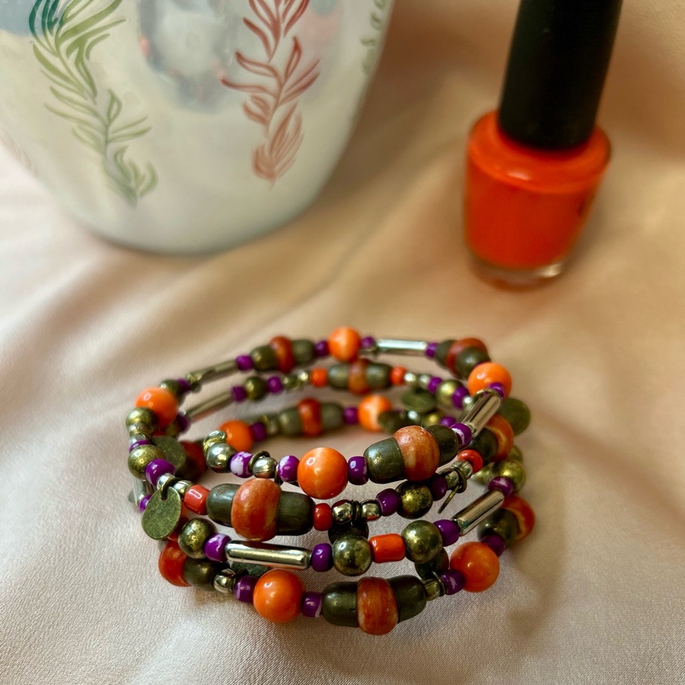 Colorful Orange & Purple Beaded Coil Bracelet